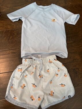Light Blue Kids Swim Trunks Set with Peach Print